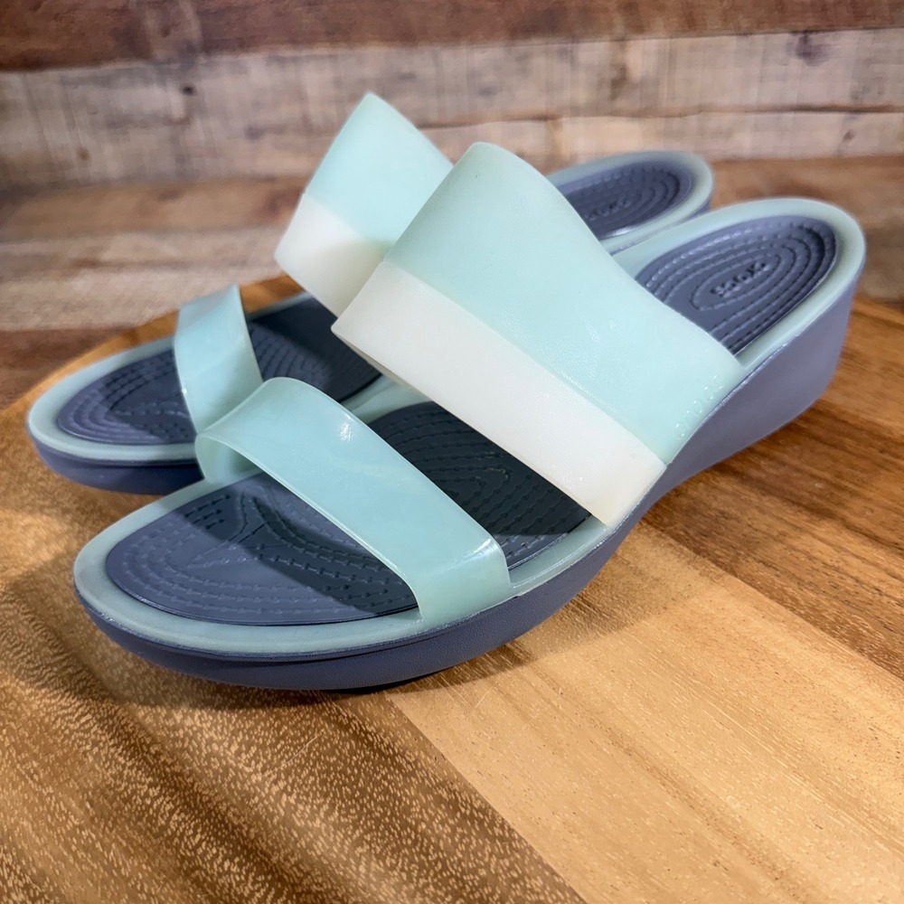 Crocs Sandals Womens 10 Mint Green Beige Colorblock Wedge Slide Heals Open Toe